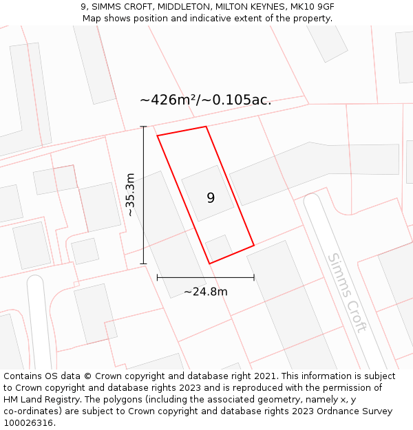 9, SIMMS CROFT, MIDDLETON, MILTON KEYNES, MK10 9GF: Plot and title map