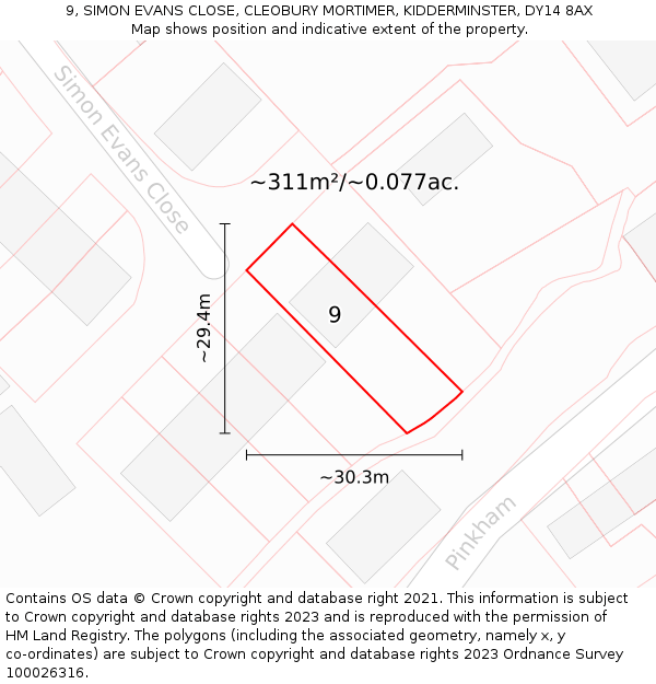 9, SIMON EVANS CLOSE, CLEOBURY MORTIMER, KIDDERMINSTER, DY14 8AX: Plot and title map