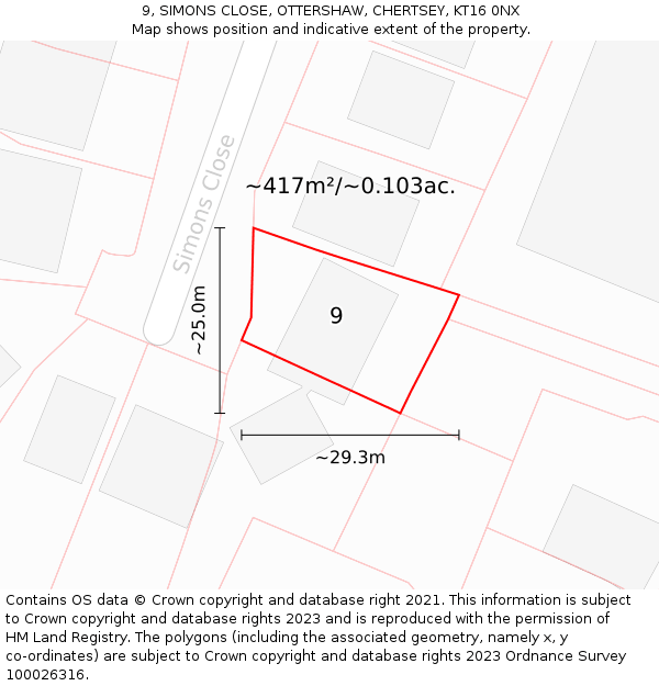 9, SIMONS CLOSE, OTTERSHAW, CHERTSEY, KT16 0NX: Plot and title map