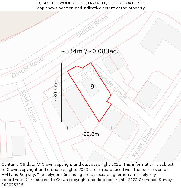9, SIR CHETWODE CLOSE, HARWELL, DIDCOT, OX11 6FB: Plot and title map