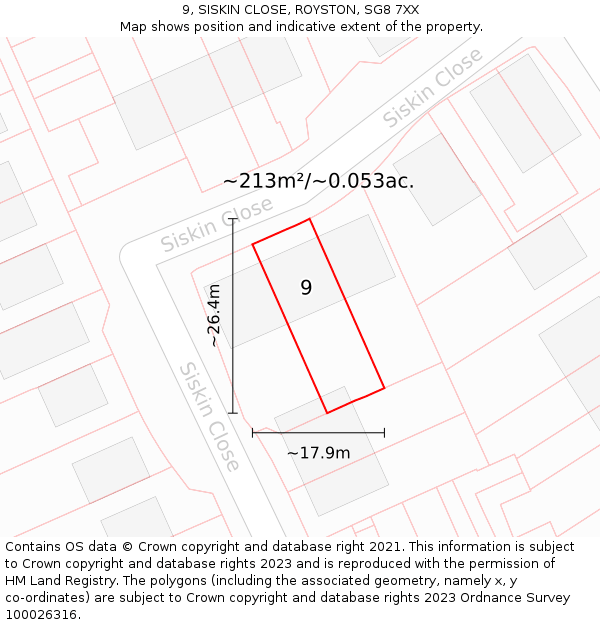 9, SISKIN CLOSE, ROYSTON, SG8 7XX: Plot and title map