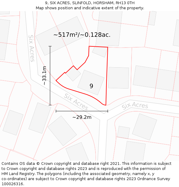 9, SIX ACRES, SLINFOLD, HORSHAM, RH13 0TH: Plot and title map