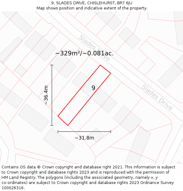 9, SLADES DRIVE, CHISLEHURST, BR7 6JU: Plot and title map