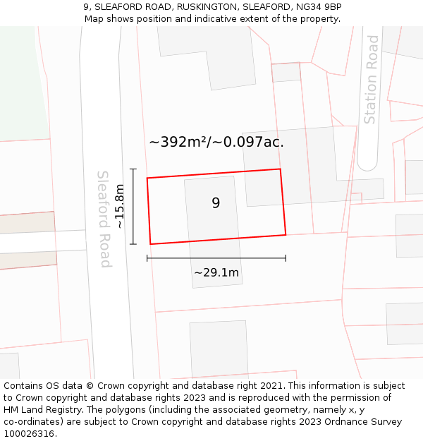 9, SLEAFORD ROAD, RUSKINGTON, SLEAFORD, NG34 9BP: Plot and title map
