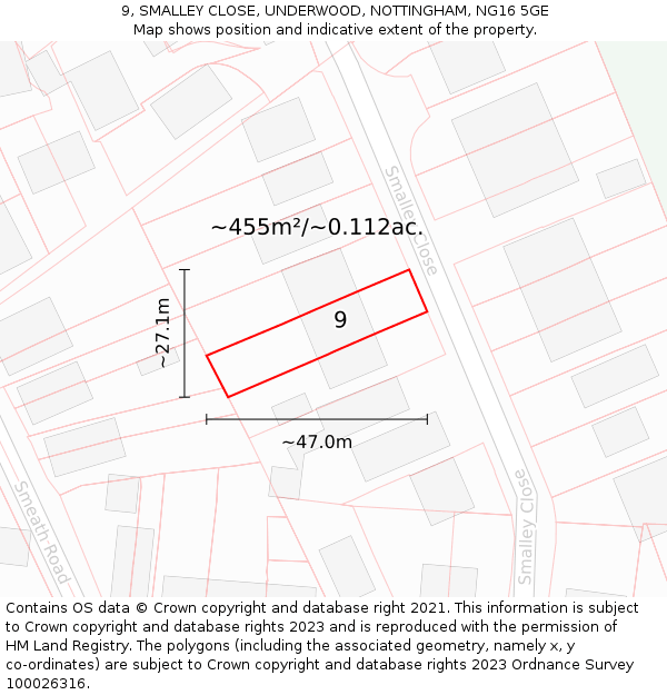 9, SMALLEY CLOSE, UNDERWOOD, NOTTINGHAM, NG16 5GE: Plot and title map
