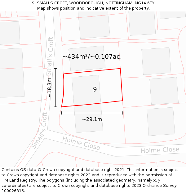 9, SMALLS CROFT, WOODBOROUGH, NOTTINGHAM, NG14 6EY: Plot and title map