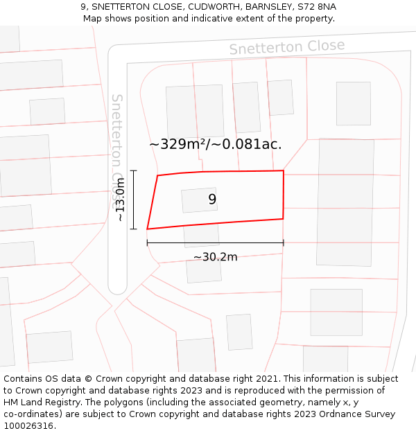 9, SNETTERTON CLOSE, CUDWORTH, BARNSLEY, S72 8NA: Plot and title map