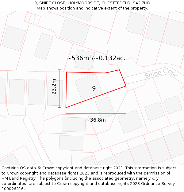 9, SNIPE CLOSE, HOLYMOORSIDE, CHESTERFIELD, S42 7HD: Plot and title map