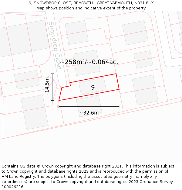 9, SNOWDROP CLOSE, BRADWELL, GREAT YARMOUTH, NR31 8UX: Plot and title map