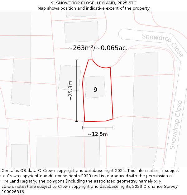 9, SNOWDROP CLOSE, LEYLAND, PR25 5TG: Plot and title map