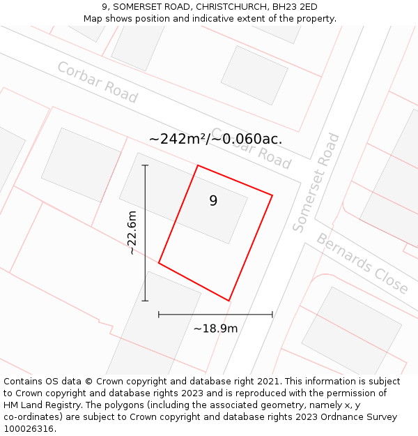 9, SOMERSET ROAD, CHRISTCHURCH, BH23 2ED: Plot and title map