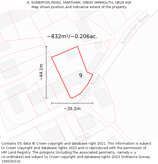 9, SOMERTON ROAD, MARTHAM, GREAT YARMOUTH, NR29 4QF: Plot and title map