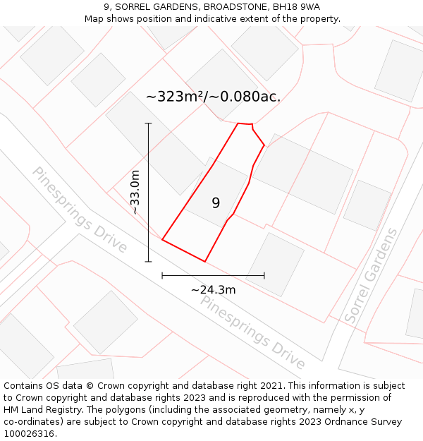 9, SORREL GARDENS, BROADSTONE, BH18 9WA: Plot and title map