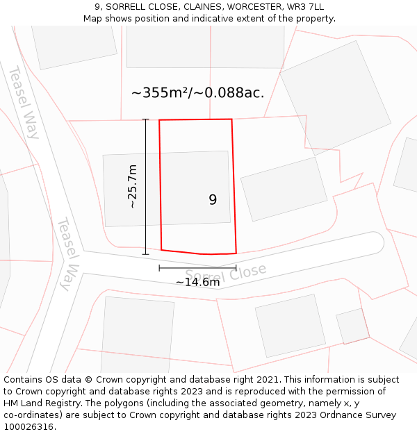 9, SORRELL CLOSE, CLAINES, WORCESTER, WR3 7LL: Plot and title map