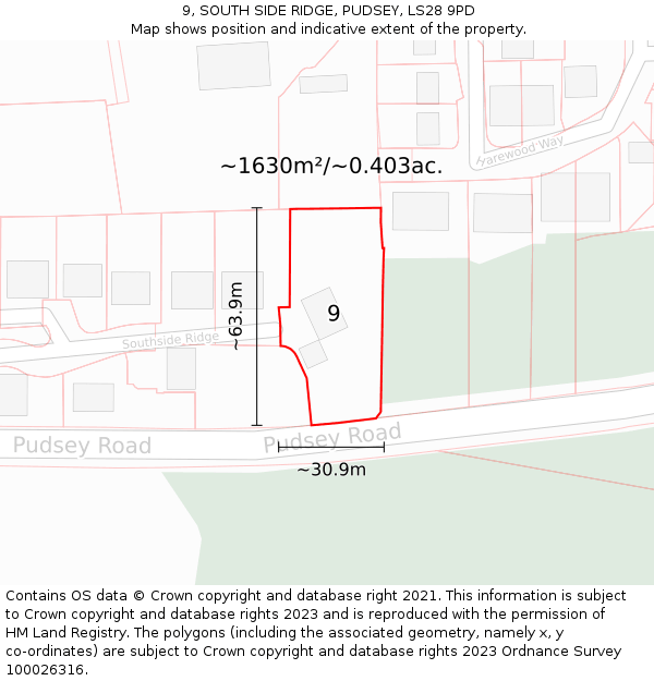 9, SOUTH SIDE RIDGE, PUDSEY, LS28 9PD: Plot and title map