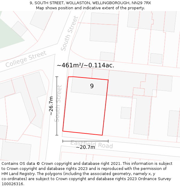 9, SOUTH STREET, WOLLASTON, WELLINGBOROUGH, NN29 7RX: Plot and title map