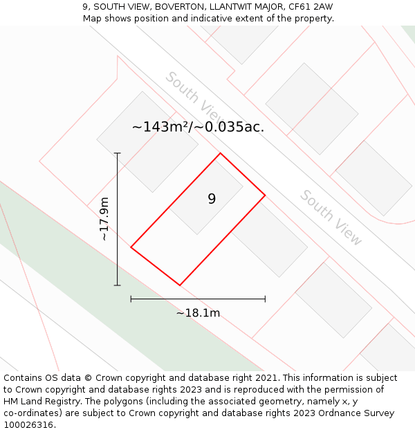 9, SOUTH VIEW, BOVERTON, LLANTWIT MAJOR, CF61 2AW: Plot and title map