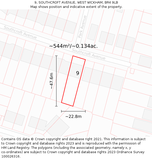 9, SOUTHCROFT AVENUE, WEST WICKHAM, BR4 9LB: Plot and title map