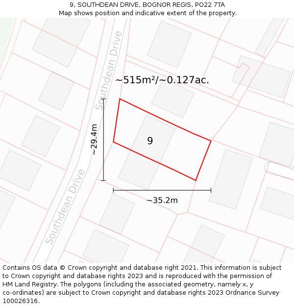 9, SOUTHDEAN DRIVE, BOGNOR REGIS, PO22 7TA: Plot and title map