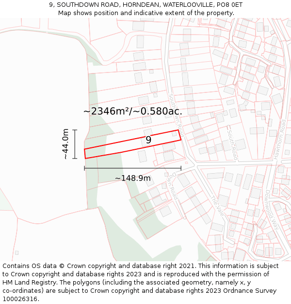 9, SOUTHDOWN ROAD, HORNDEAN, WATERLOOVILLE, PO8 0ET: Plot and title map