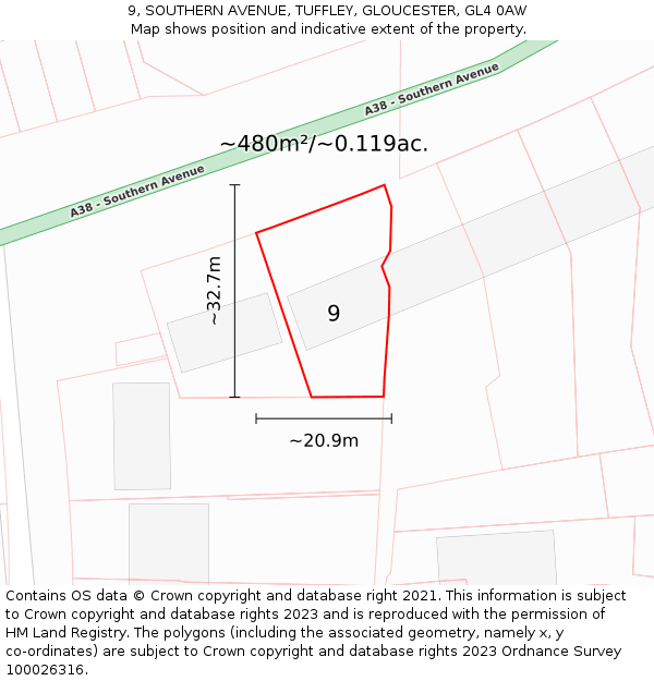 9, SOUTHERN AVENUE, TUFFLEY, GLOUCESTER, GL4 0AW: Plot and title map