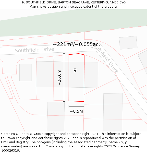 9, SOUTHFIELD DRIVE, BARTON SEAGRAVE, KETTERING, NN15 5YQ: Plot and title map
