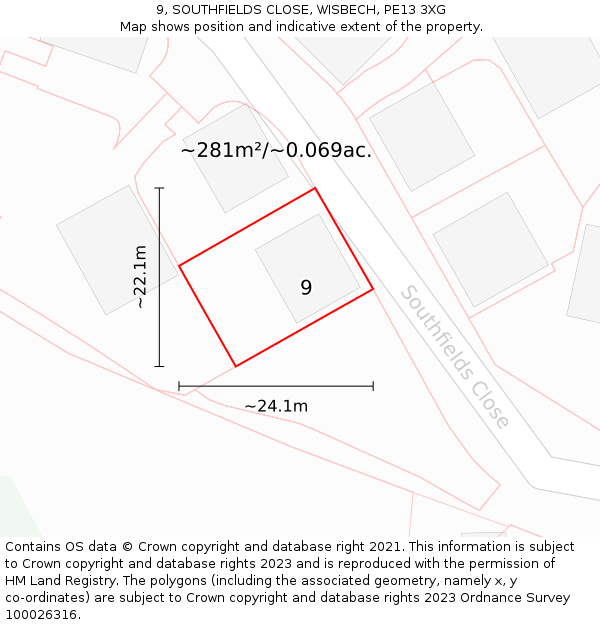 9, SOUTHFIELDS CLOSE, WISBECH, PE13 3XG: Plot and title map