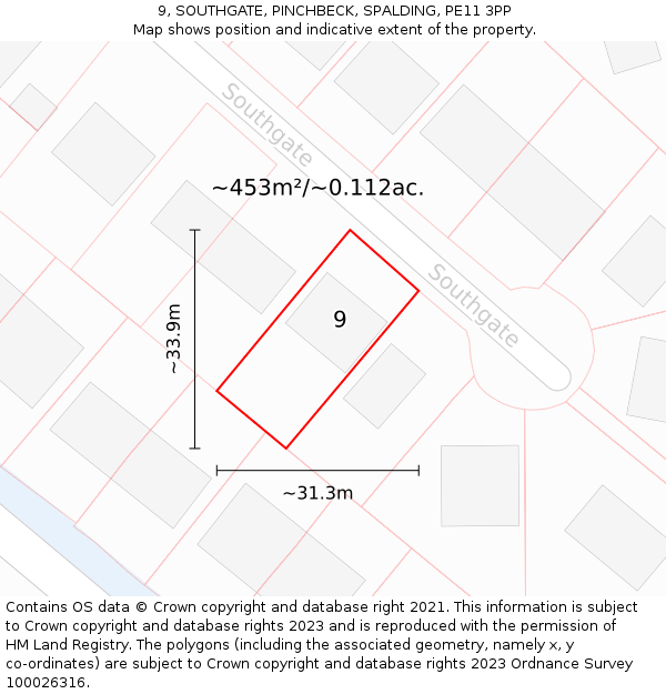 9, SOUTHGATE, PINCHBECK, SPALDING, PE11 3PP: Plot and title map