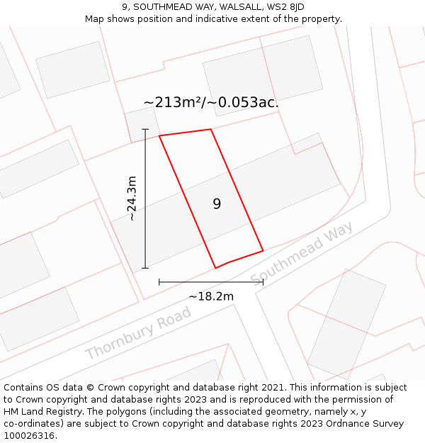 9, SOUTHMEAD WAY, WALSALL, WS2 8JD: Plot and title map