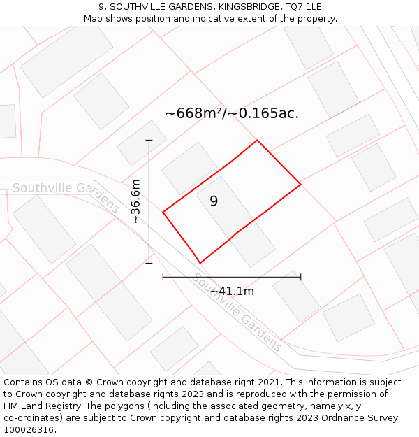 9, SOUTHVILLE GARDENS, KINGSBRIDGE, TQ7 1LE: Plot and title map