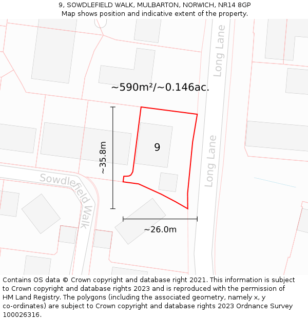 9, SOWDLEFIELD WALK, MULBARTON, NORWICH, NR14 8GP: Plot and title map