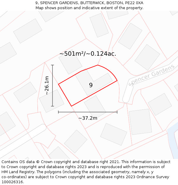 9, SPENCER GARDENS, BUTTERWICK, BOSTON, PE22 0XA: Plot and title map