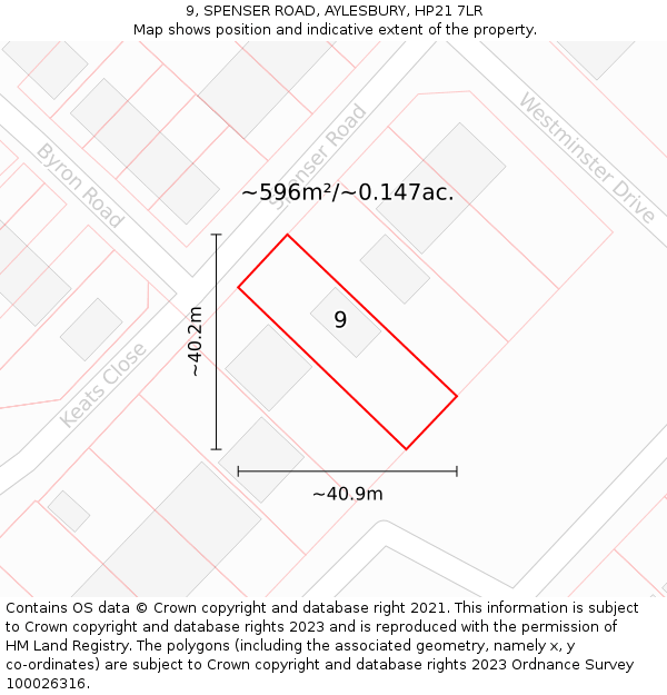 9, SPENSER ROAD, AYLESBURY, HP21 7LR: Plot and title map