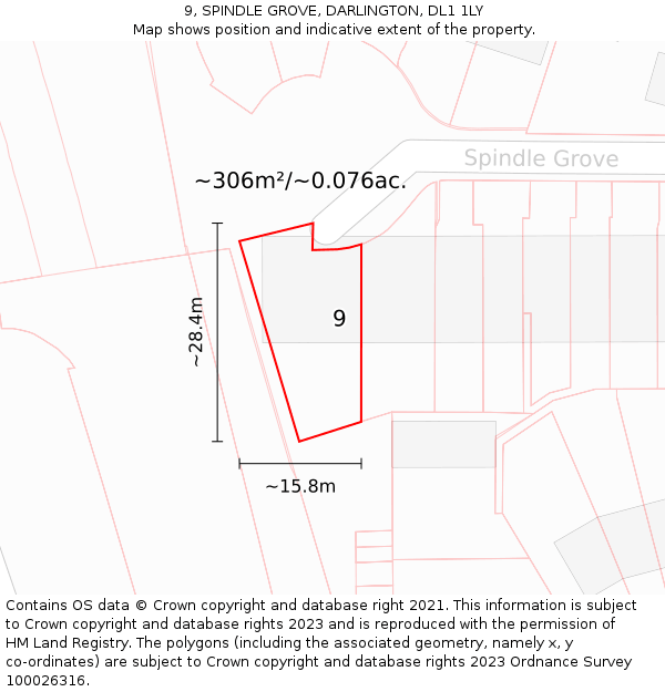 9, SPINDLE GROVE, DARLINGTON, DL1 1LY: Plot and title map