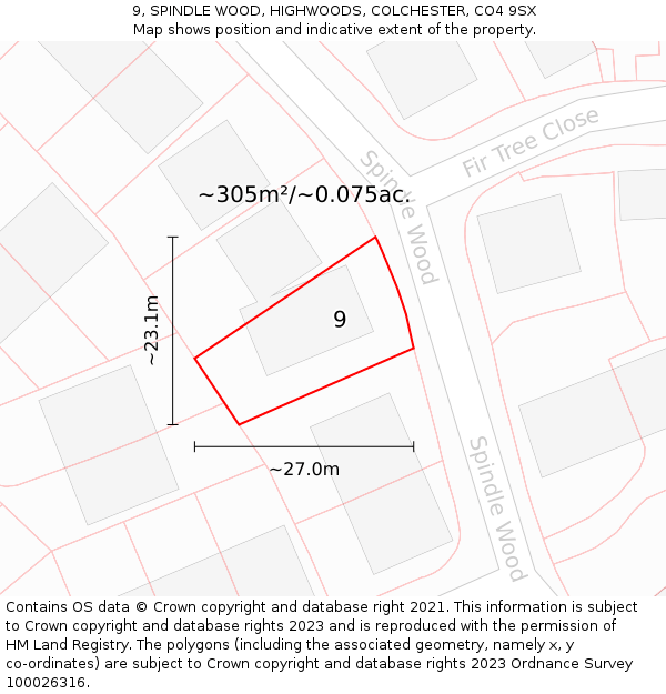 9, SPINDLE WOOD, HIGHWOODS, COLCHESTER, CO4 9SX: Plot and title map