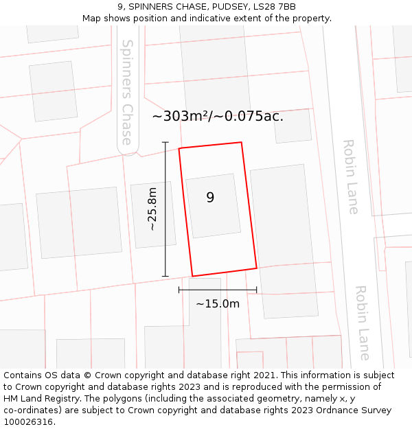 9, SPINNERS CHASE, PUDSEY, LS28 7BB: Plot and title map