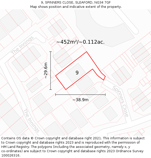 9, SPINNERS CLOSE, SLEAFORD, NG34 7GF: Plot and title map