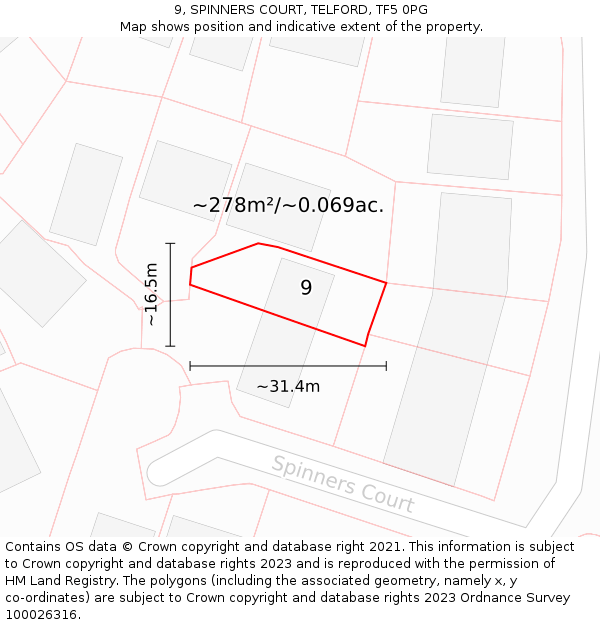 9, SPINNERS COURT, TELFORD, TF5 0PG: Plot and title map
