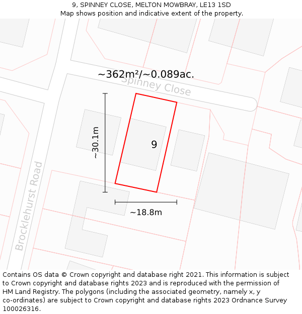 9, SPINNEY CLOSE, MELTON MOWBRAY, LE13 1SD: Plot and title map