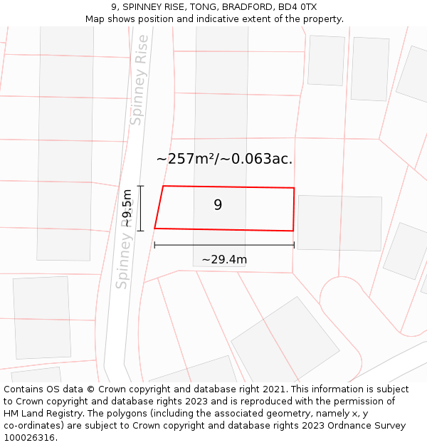 9, SPINNEY RISE, TONG, BRADFORD, BD4 0TX: Plot and title map