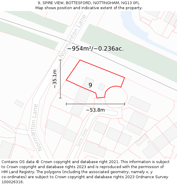 9, SPIRE VIEW, BOTTESFORD, NOTTINGHAM, NG13 0FL: Plot and title map