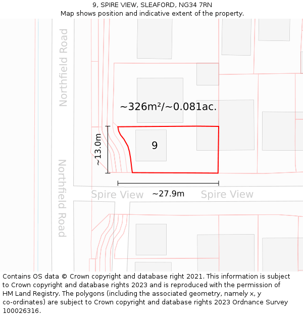9, SPIRE VIEW, SLEAFORD, NG34 7RN: Plot and title map