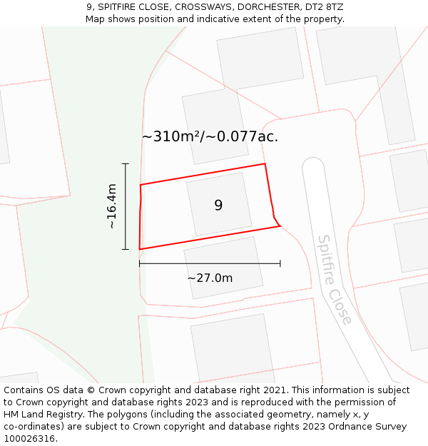 9, SPITFIRE CLOSE, CROSSWAYS, DORCHESTER, DT2 8TZ: Plot and title map