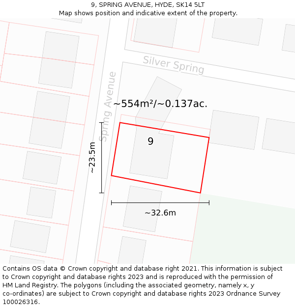 9, SPRING AVENUE, HYDE, SK14 5LT: Plot and title map