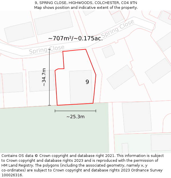 9, SPRING CLOSE, HIGHWOODS, COLCHESTER, CO4 9TN: Plot and title map