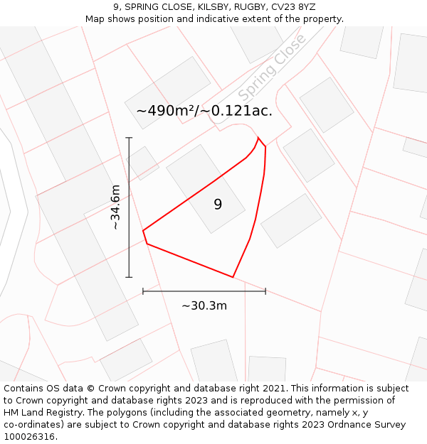 9, SPRING CLOSE, KILSBY, RUGBY, CV23 8YZ: Plot and title map