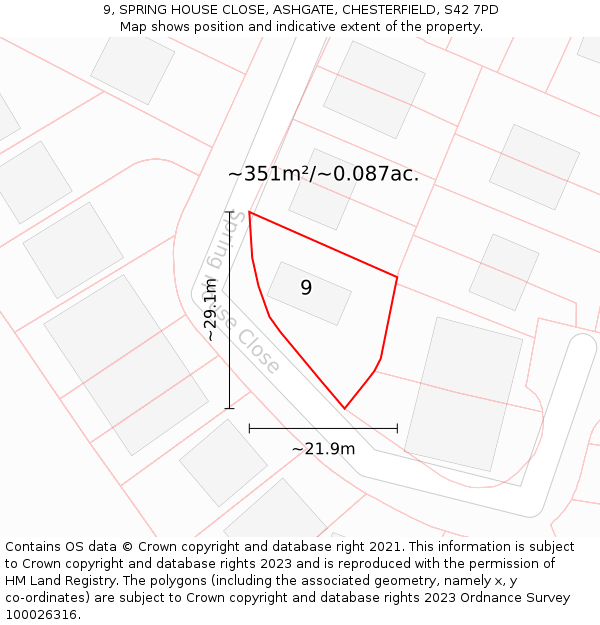 9, SPRING HOUSE CLOSE, ASHGATE, CHESTERFIELD, S42 7PD: Plot and title map