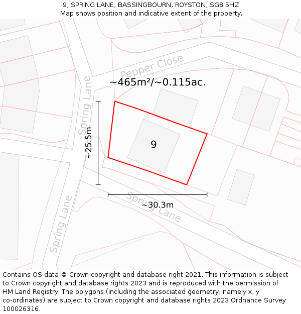 9, SPRING LANE, BASSINGBOURN, ROYSTON, SG8 5HZ: Plot and title map