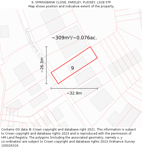 9, SPRINGBANK CLOSE, FARSLEY, PUDSEY, LS28 5TP: Plot and title map