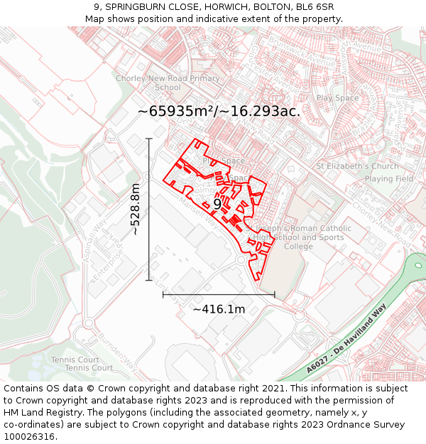 9, SPRINGBURN CLOSE, HORWICH, BOLTON, BL6 6SR: Plot and title map